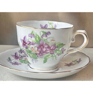 Tuscan Bone China England Teacup & Saucer Set With Violet Floral Design Gold Tri